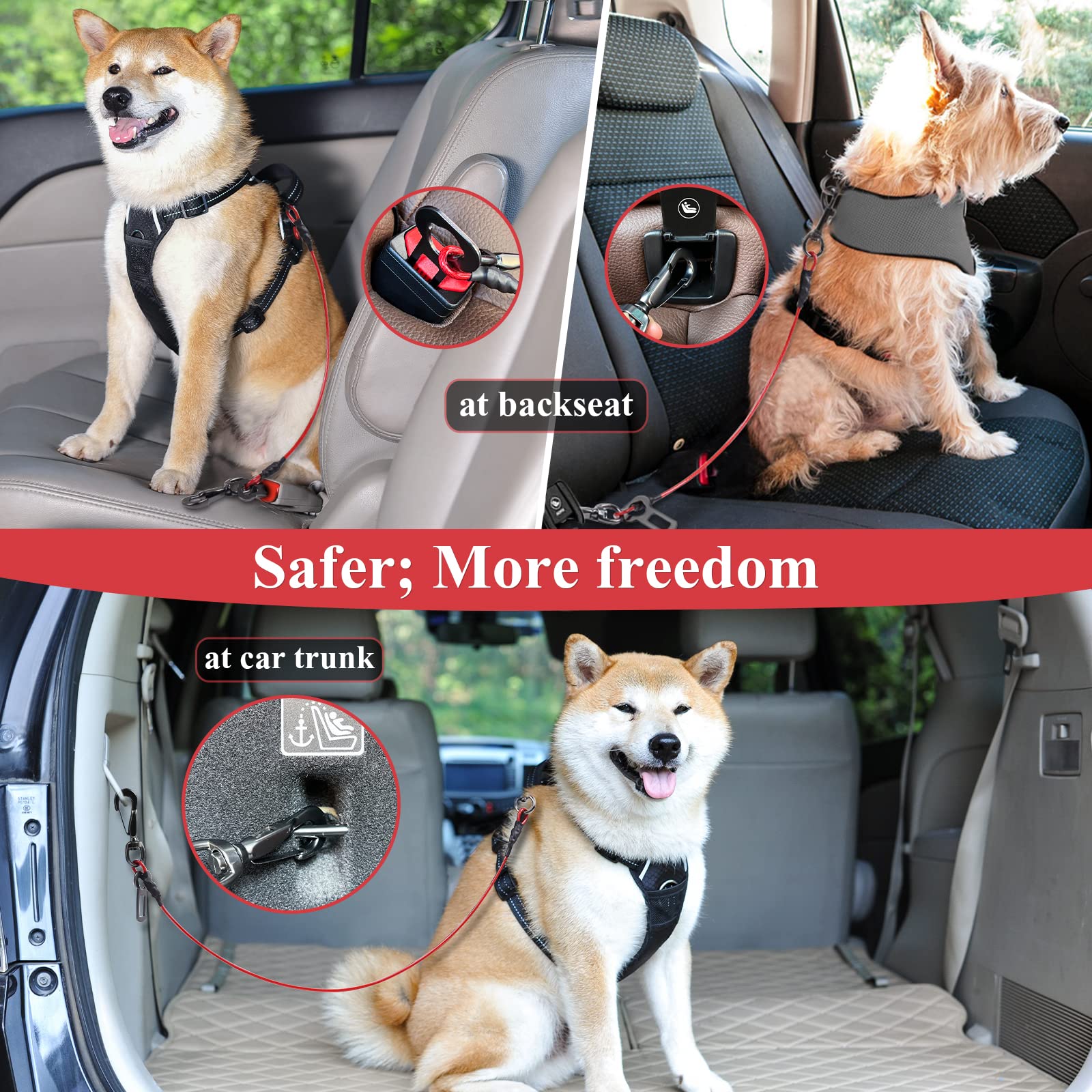 Vivaglory Dog Seat Belt, Chew Proof Waterproof Multi-Functional Dogs Safety Belt, Heavy Duty Steel Rope Pet Car Seatbelt Rrestra
